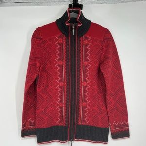 Eddie Bauer Merino Wool Fair Isle Nordic Zip Up Sweater Womens Size S Red